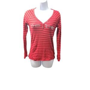 bebe Y2K Women's long sleeve henley Bling red stripes Size Medium Elena Gilbert